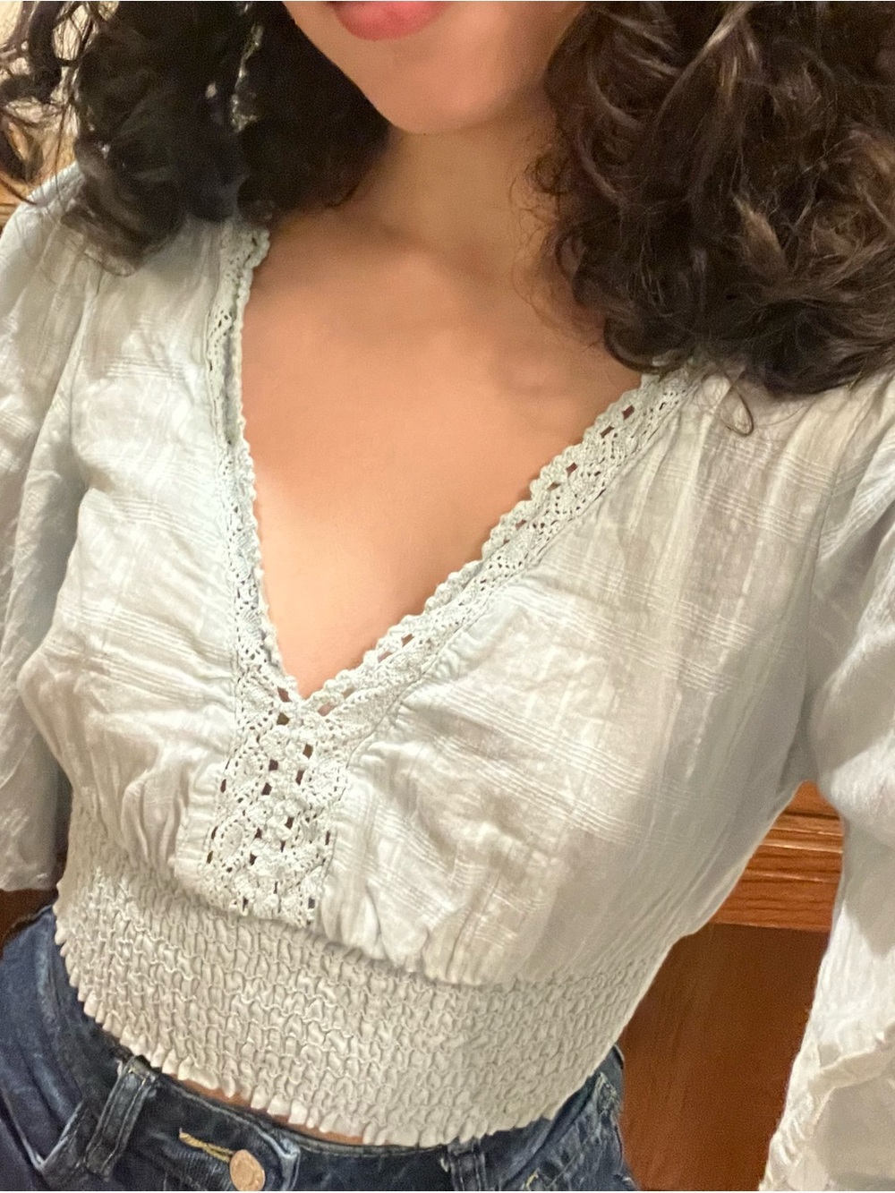 TIMING Sage Blue Smocked Crop Top Boho Lace V-Neck Peasant Blouse Size XS